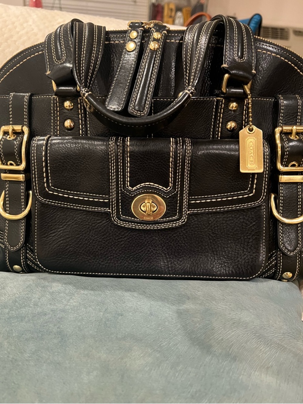 Coach Miranda  Black Leather Satchel,Gold Hardware w/White Contrast Stitching